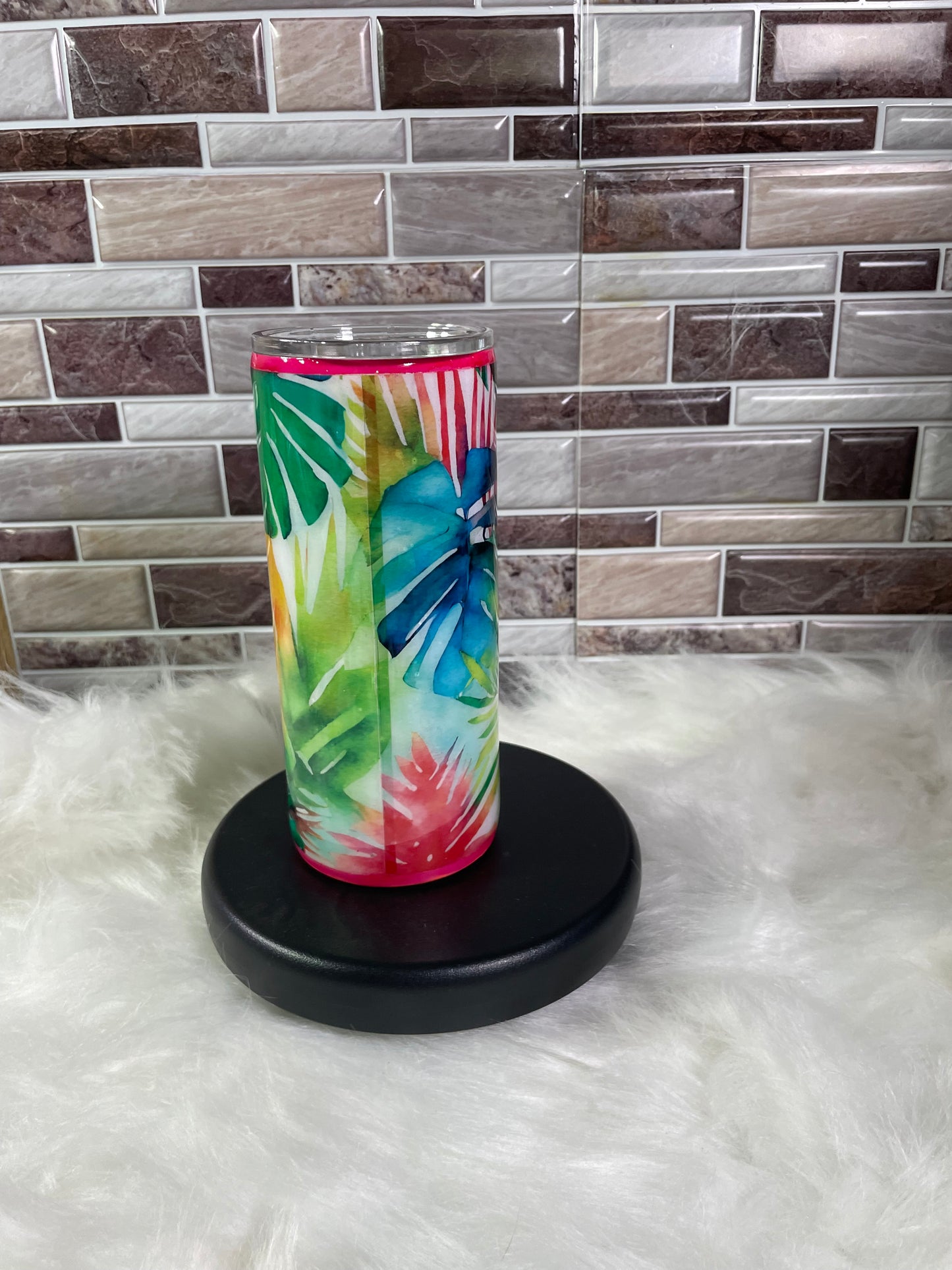 15 oz Stainless Steel Vinyl - Glow Mica - Tropical Leaves Tumbler