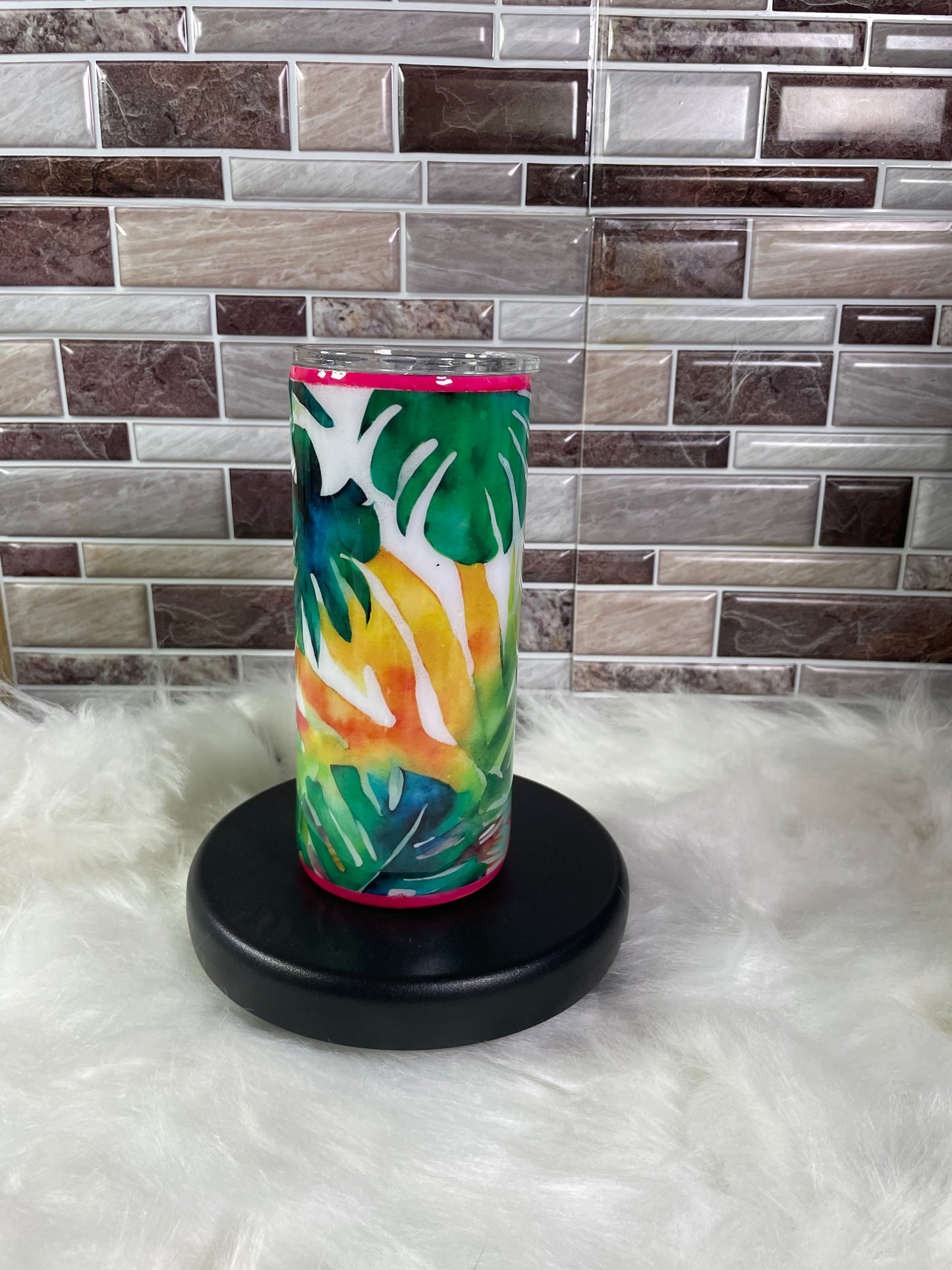 15 oz Stainless Steel Vinyl - Glow Mica - Tropical Leaves Tumbler